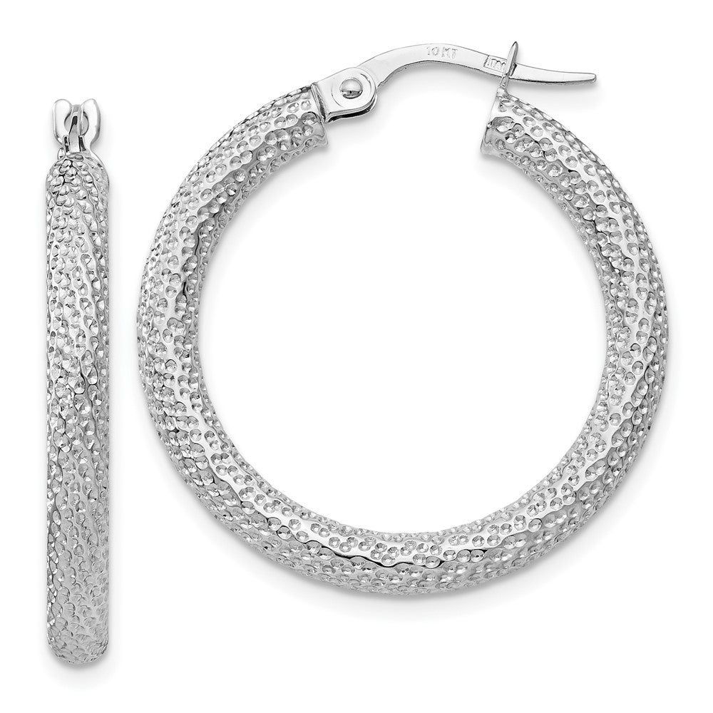 10K White Gold Polished And Textured Hinged Hoop Earrings