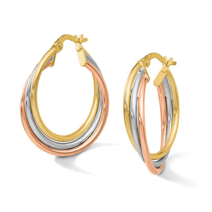 10K Tri Color Tri-Color Polished And Textured Twisted Hoop Earrings