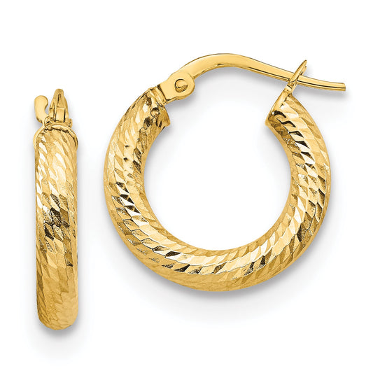 10K Yellow Gold 3X10 D/C Round Hoop Earrings