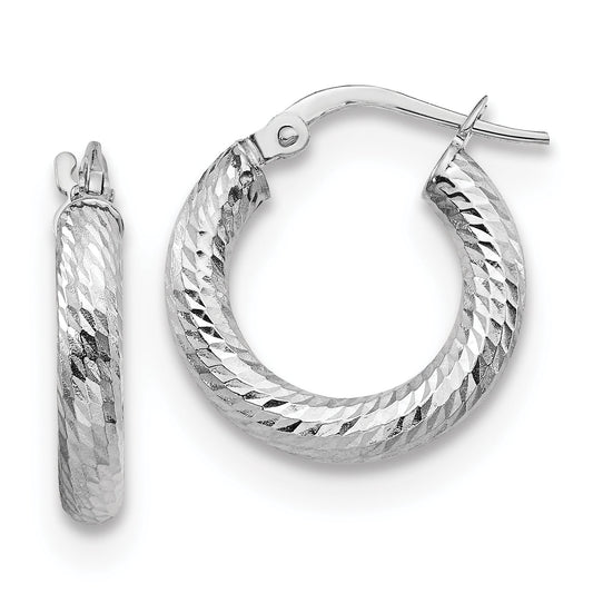 10K White Gold 3X10 D/C Round Hoop Earrings