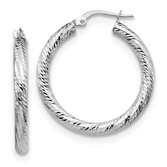10K White Gold 3X20 D/C Round Hoop Earrings