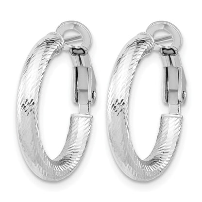 10K Yellow W/Rhodium 3X15 With White Rh Plating D/C Round Omega Back Hoop Earrings