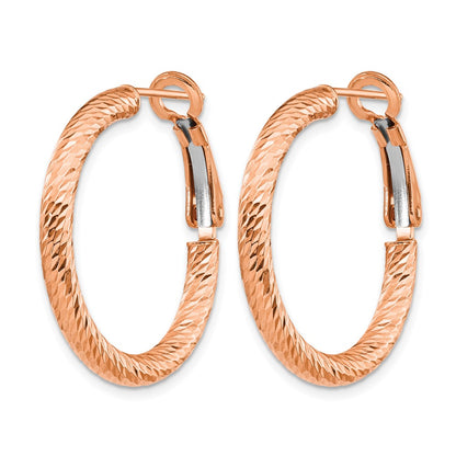 10K Yellow Gold 3X20 With Rose Plating D/C Round Omega Back Hoop Earrings