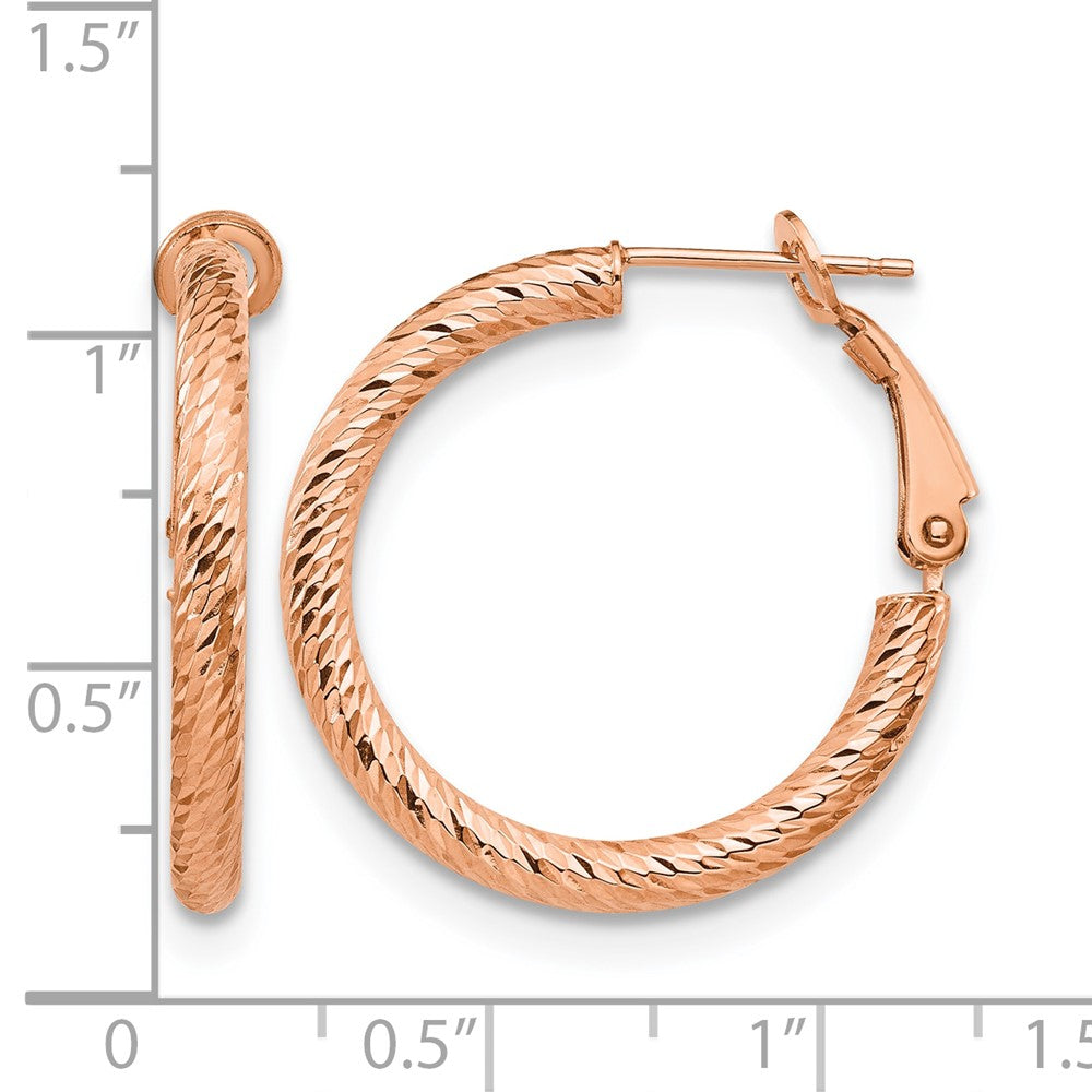 10K Yellow Gold 3X20 With Rose Plating D/C Round Omega Back Hoop Earrings