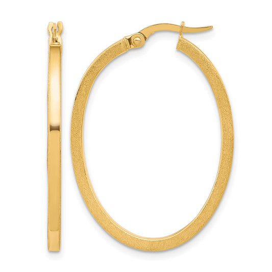 10K Yellow Gold Brushed And Polished Oval Hoop Earrings
