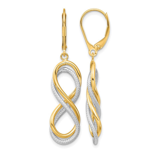 10K Yellow Rhodium W/ White Polished Textured Infinity Leverback Earrings