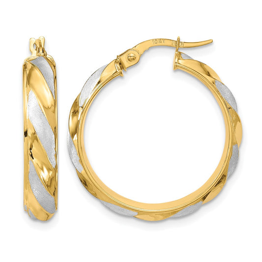 10K Yellow Rhodium Polished Textured Twisted Hoop Earrings