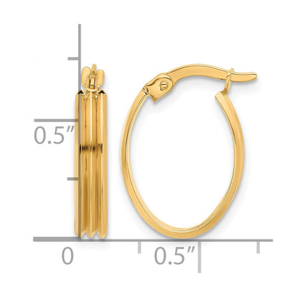 10K Yellow Gold Polished And Grooved Oval Hoop Earrings