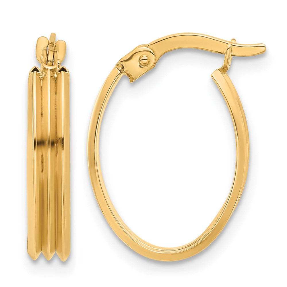 10K Yellow Gold Polished And Grooved Oval Hoop Earrings