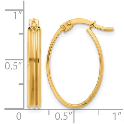 10K Yellow Gold Polished And Grooved Oval Hoop Earrings