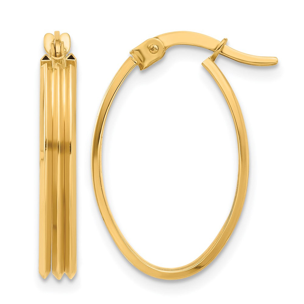 10K Yellow Gold Polished And Grooved Oval Hoop Earrings