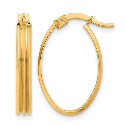 10K Yellow Gold Polished And Grooved Oval Hoop Earrings