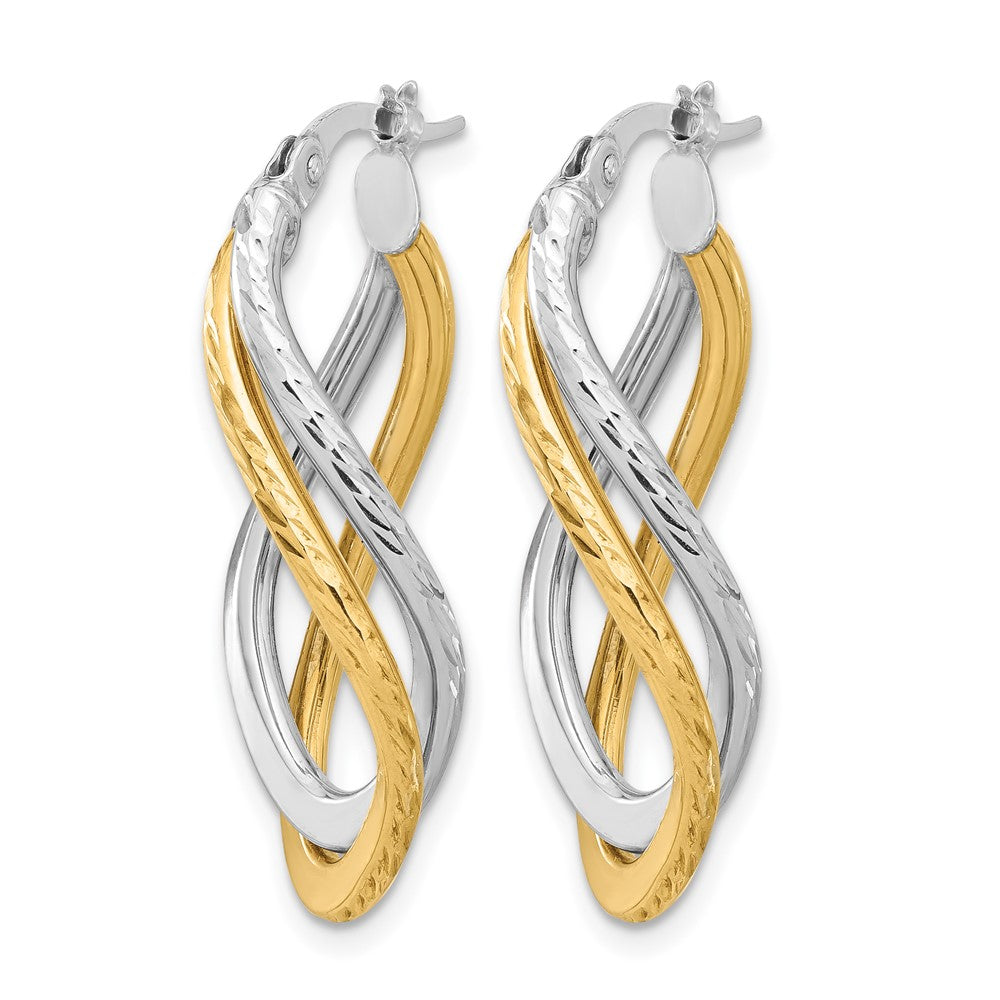 10K Yellow Rhodium With Polished And Diamond Cut Twist Hoop Earrings