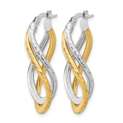 10K Yellow Rhodium With Polished And Diamond Cut Twist Hoop Earrings