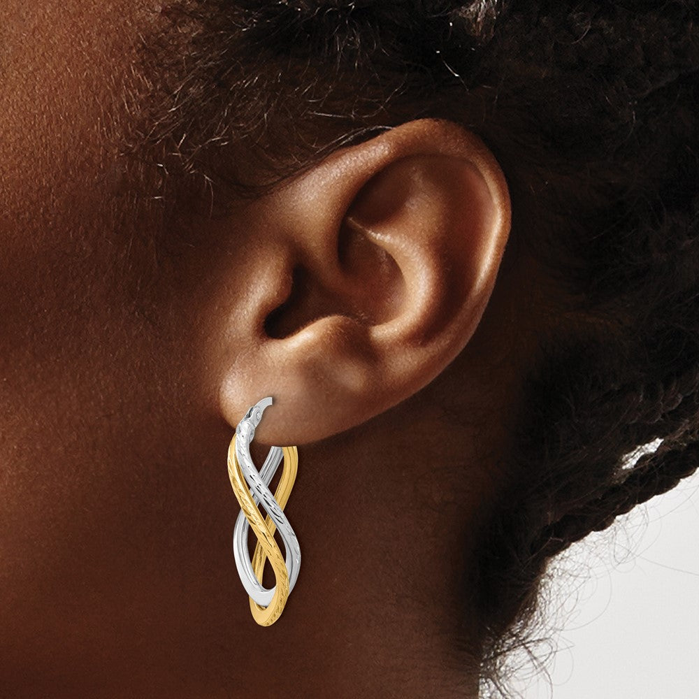 10K Yellow Rhodium With Polished And Diamond Cut Twist Hoop Earrings