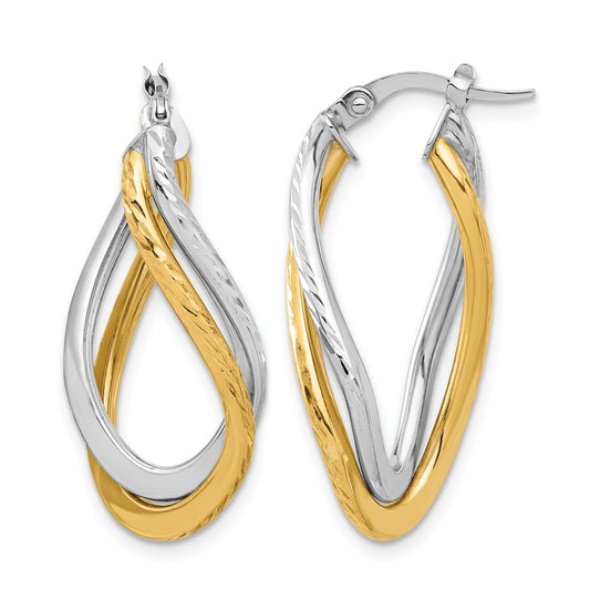 10K Yellow Rhodium With Polished And Diamond Cut Twist Hoop Earrings