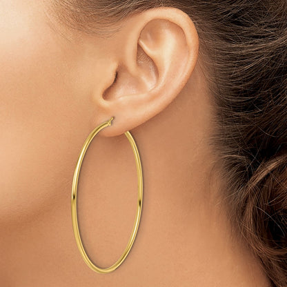 10K Yellow Gold Polished 2X60mm Lightweight Tube Hoop Earrings