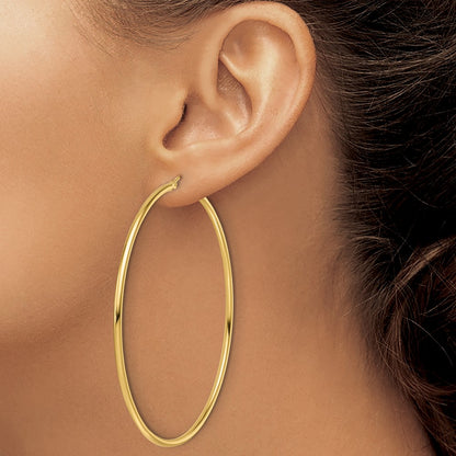 10K Yellow Gold Polished 2X65mm Lightweight Tube Hoop Earrings