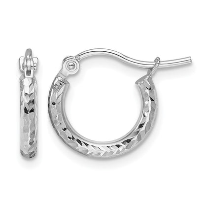 10K White Gold Diamond Cut 2mm Round Tube Hoop Earrings