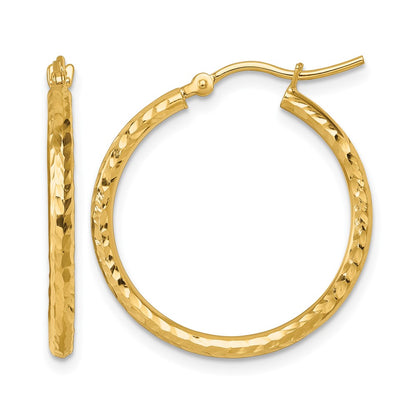 10K Yellow Gold Diamond Cut 2mm Round Tube Hoop Earrings