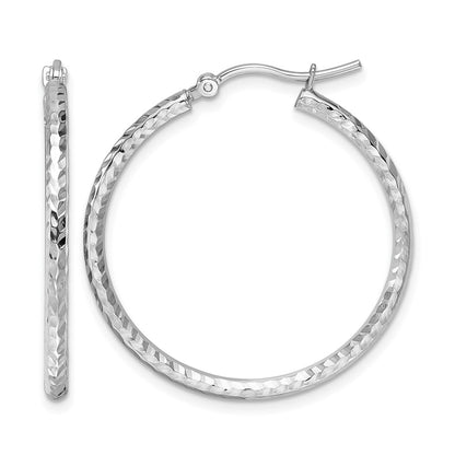 10K White Gold Diamond Cut 2mm Round Tube Hoop Earrings