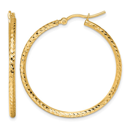 10K Yellow Gold Diamond Cut 2mm Round Tube Hoop Earrings