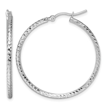 10K White Gold Diamond Cut 2mm Round Tube Hoop Earrings