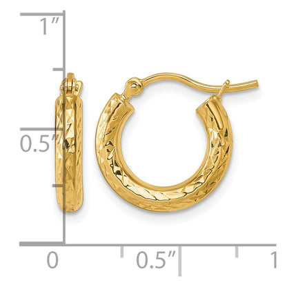 10K Yellow Gold Diamond Cut 3mm Round Hoop Earrings