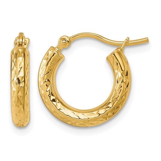 10K Yellow Gold Diamond Cut 3mm Round Hoop Earrings