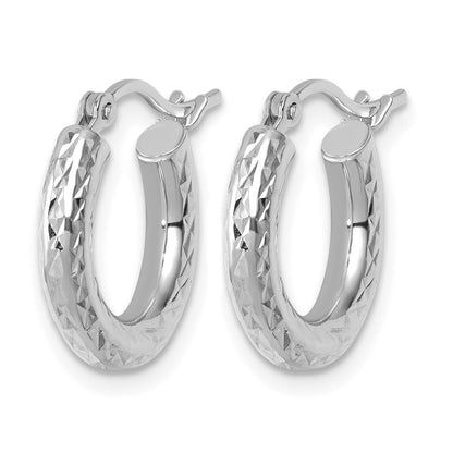10K White Gold Diamond Cut 3mm Round Hoop Earrings