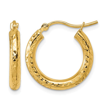 10K Yellow Gold Diamond Cut 3mm Round Hoop Earrings