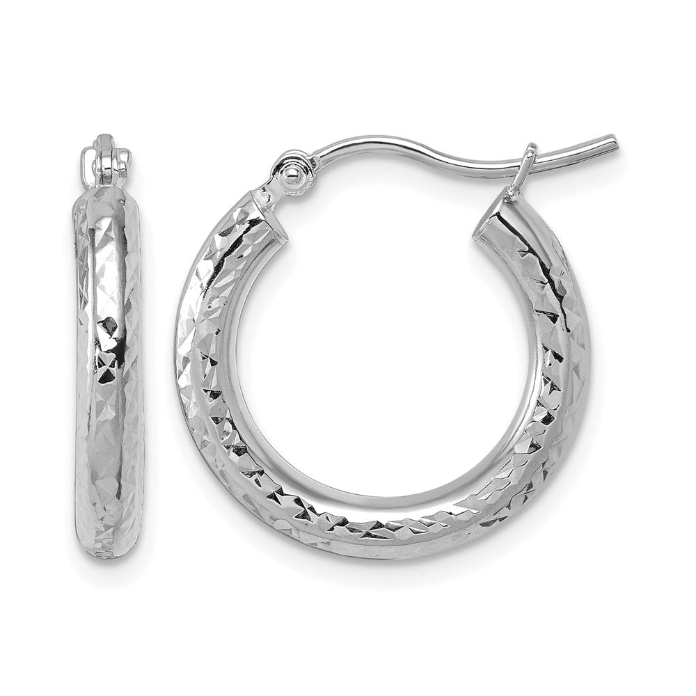 10K White Gold Diamond Cut 3mm Round Hoop Earrings