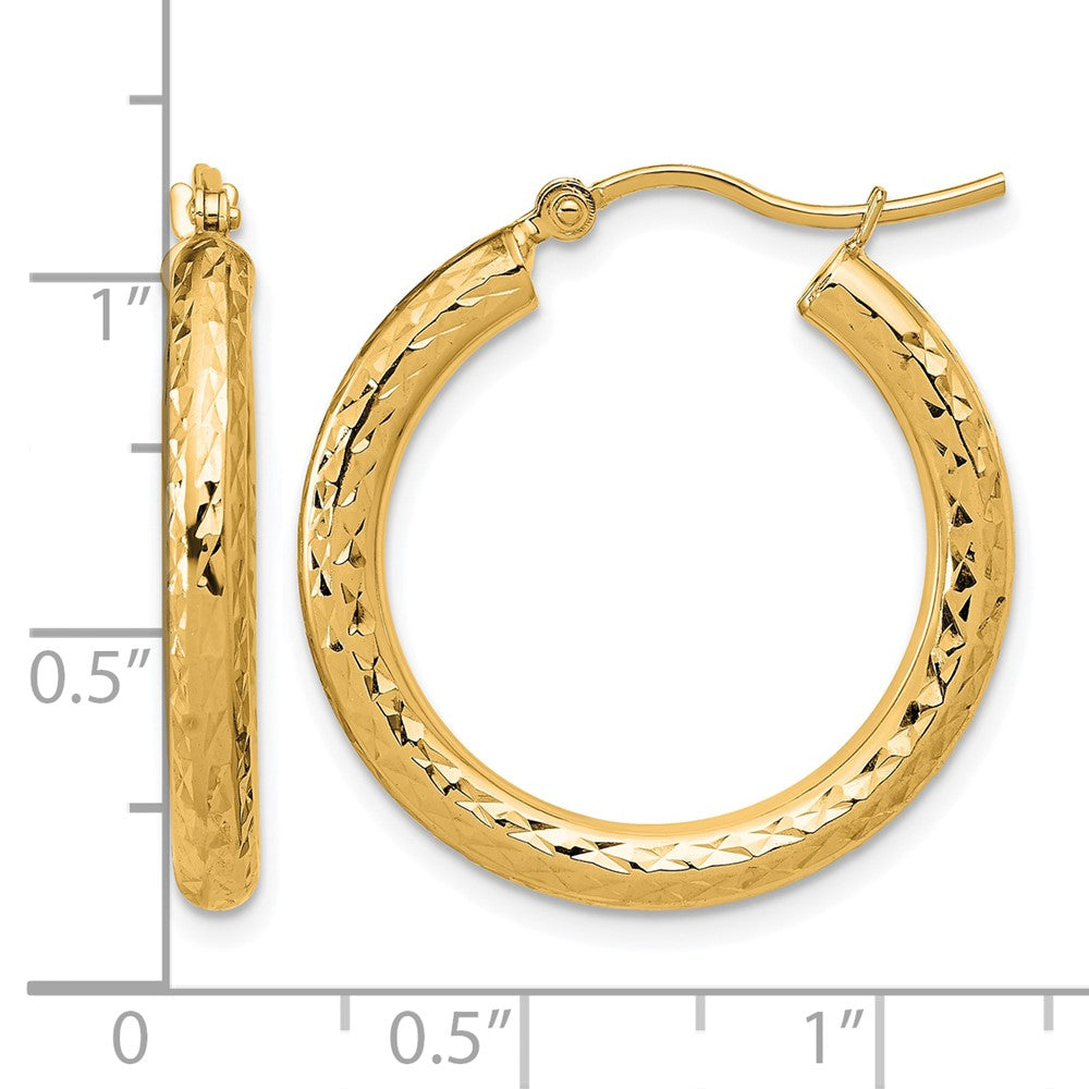 10K Yellow Gold Diamond Cut 3mm Round Hoop Earrings