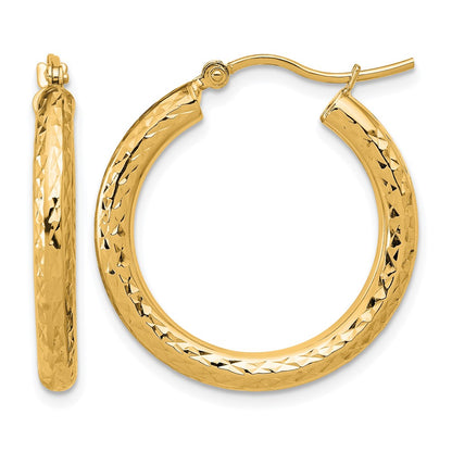 10K Yellow Gold Diamond Cut 3mm Round Hoop Earrings