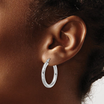 10K White Gold Diamond Cut 3mm Round Hoop Earrings