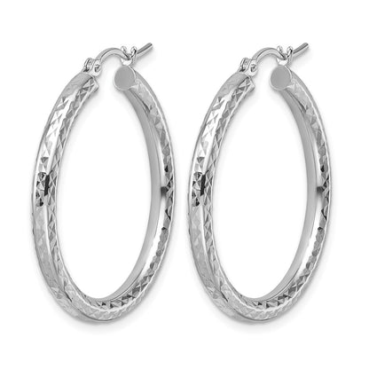 10K White Gold Diamond Cut 3mm Round Hoop Earrings