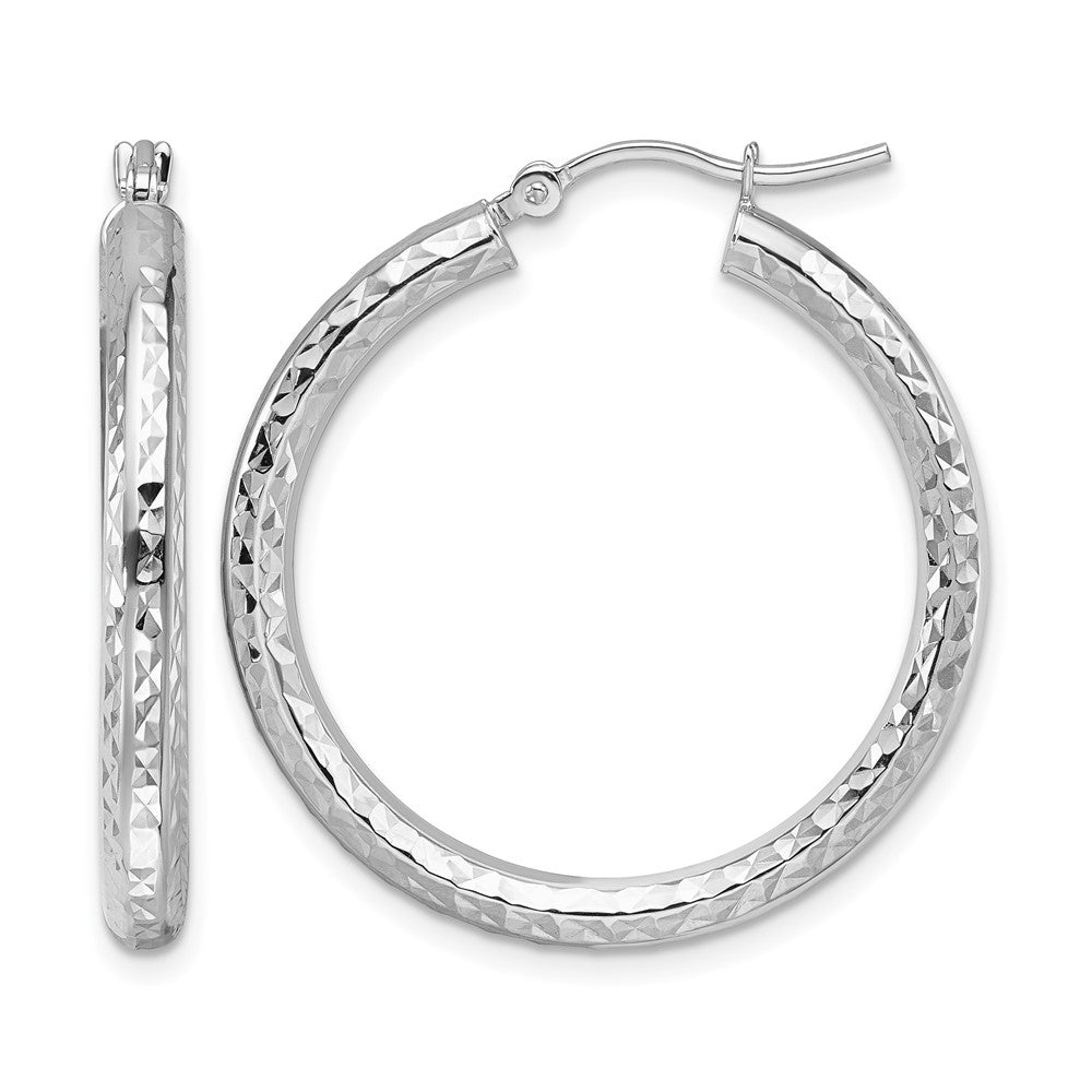 10K White Gold Diamond Cut 3mm Round Hoop Earrings