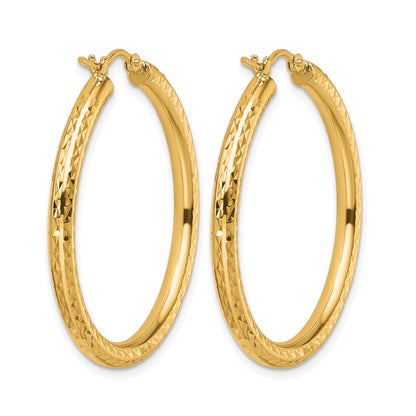 10K Yellow Gold Diamond Cut 3mm Round Hoop Earrings
