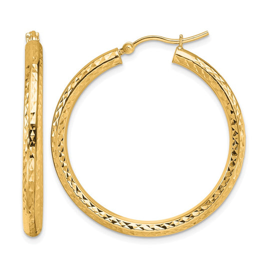 10K Yellow Gold Diamond Cut 3mm Round Hoop Earrings