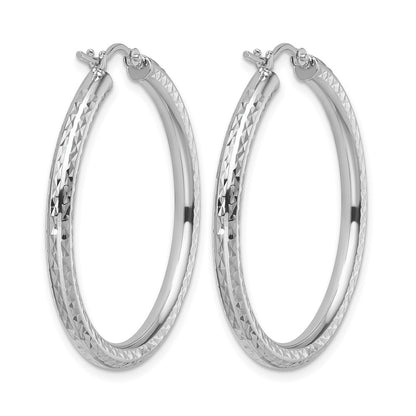 10K White Gold Diamond Cut 3mm Round Hoop Earrings