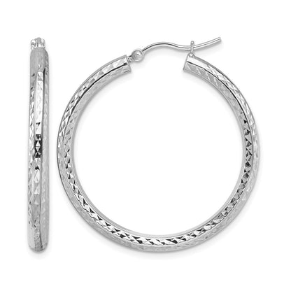 10K White Gold Diamond Cut 3mm Round Hoop Earrings