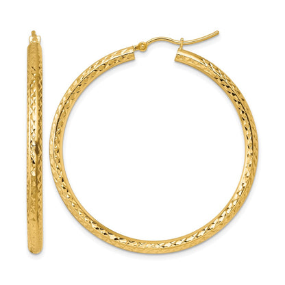 10K Yellow Gold Diamond Cut 3mm Round Hoop Earrings