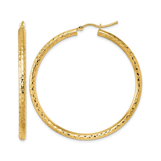 10K Yellow Gold Diamond Cut 3mm Round Hoop Earrings