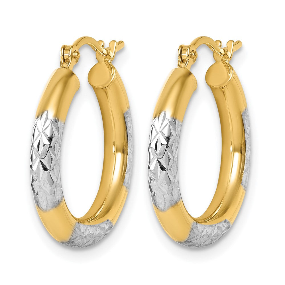 10K Yellow Gold With Rhodium Diamond Cut 3mm Hoop Earrings