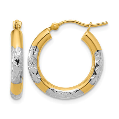 10K Yellow Gold With Rhodium Diamond Cut 3mm Hoop Earrings
