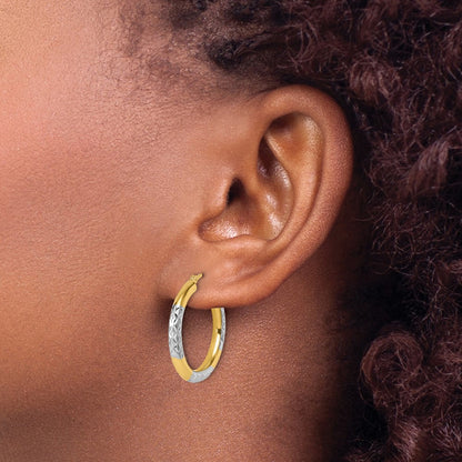 10K Yellow Gold With Rhodium Diamond Cut 3mm Hoop Earrings