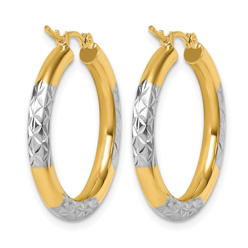 10K Yellow Gold With Rhodium Diamond Cut 3mm Hoop Earrings