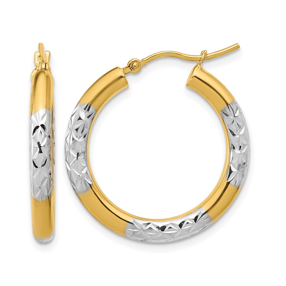 10K Yellow Gold With Rhodium Diamond Cut 3mm Hoop Earrings