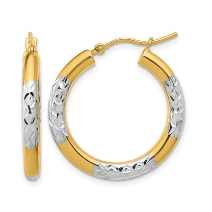 10K Yellow Gold With Rhodium Diamond Cut 3mm Hoop Earrings
