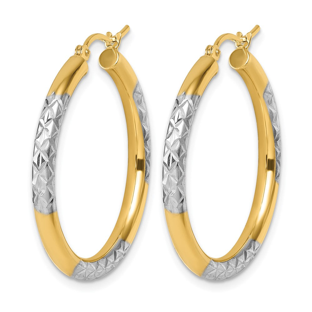 10K Yellow Gold With Rhodium Diamond Cut 3mm Hoop Earrings